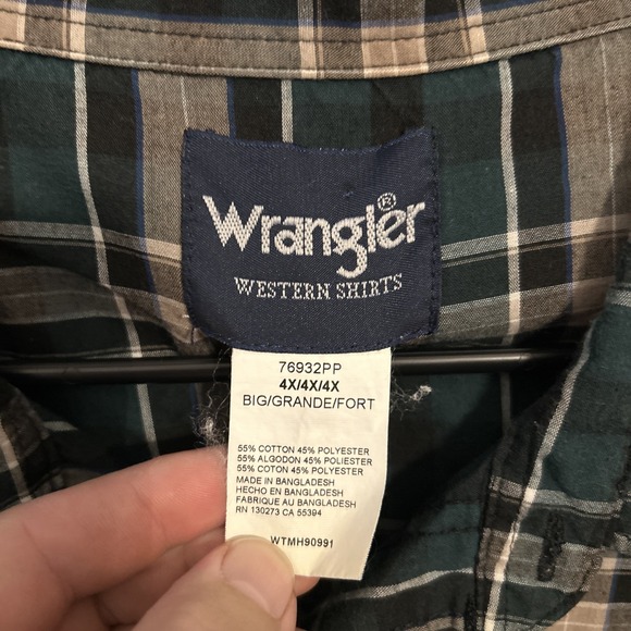 Wrangler Pearl Snap Western Shirt Men Size 4XL Green Plaid Short Sleeve Rodeo - Picture 4 of 8